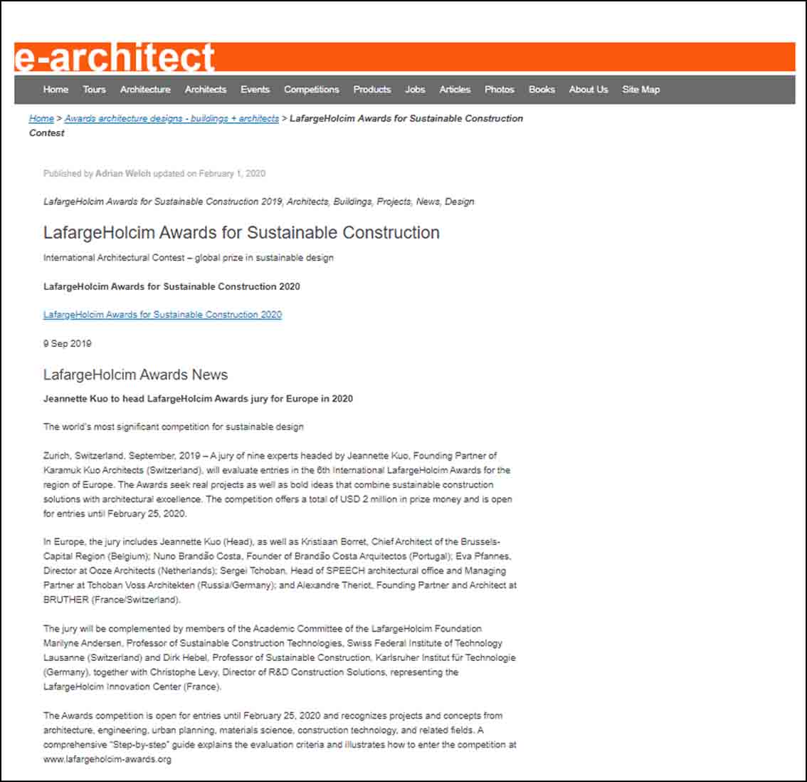 Lafarge Holcim Awards for Sustainable Constuction, e - architect - February 2020